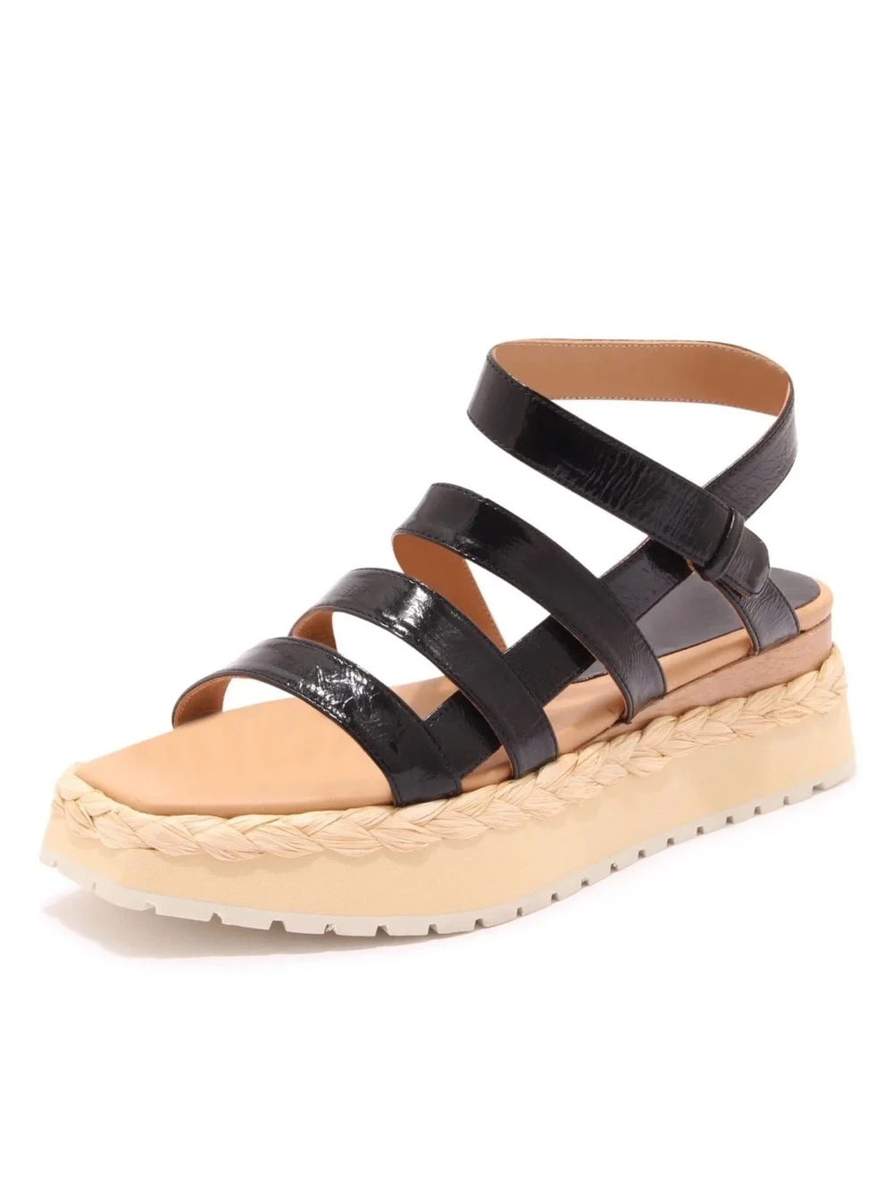 Paloma Barcelo Black Leather Square Toe Platform Raffia Sandals, Size 39/US 8.5